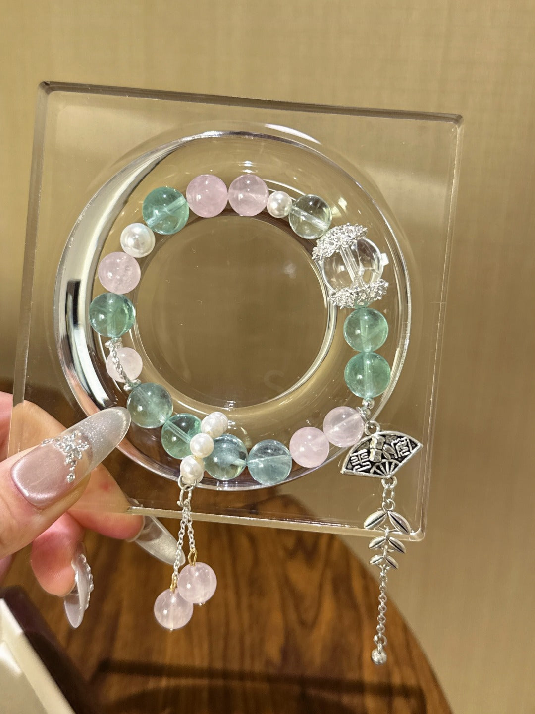 ▫️▪️ Green fluorite pink quartz white ace bracelet